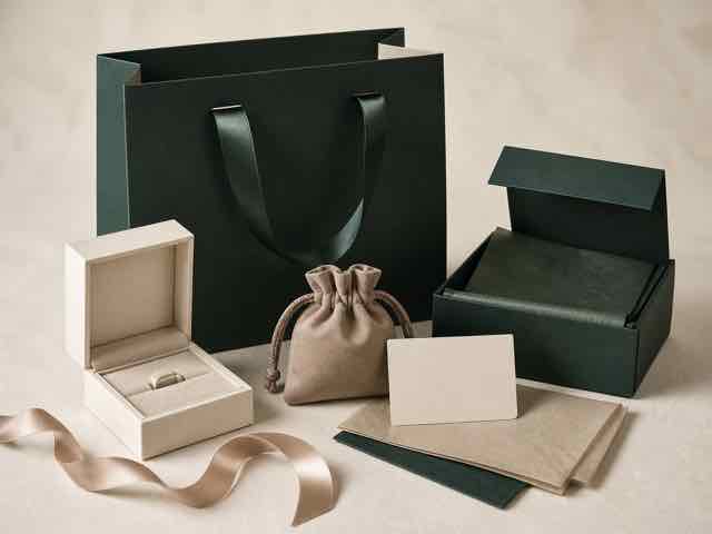 Complete coordinated jewelry packaging set in forest green, ivory and taupe