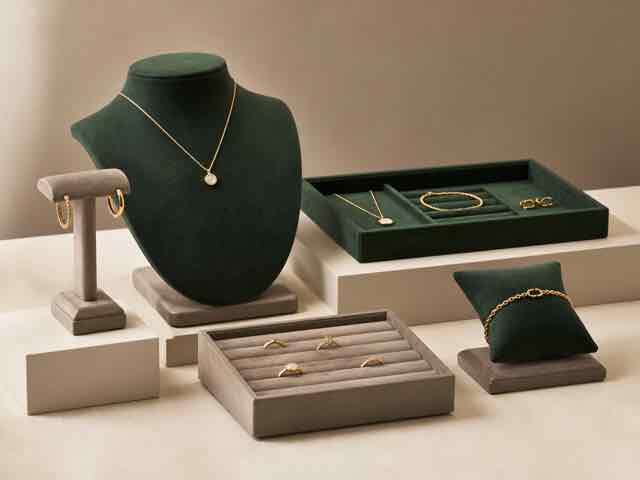 Coordinated necklace bust, ring tray and jewelry display stands