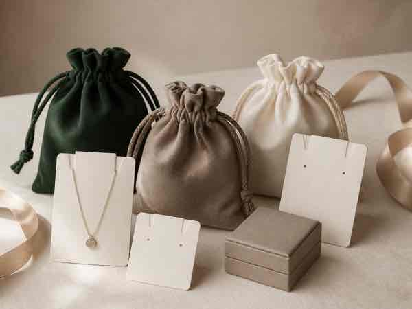 Green, taupe and ivory jewelry pouches with presentation cards