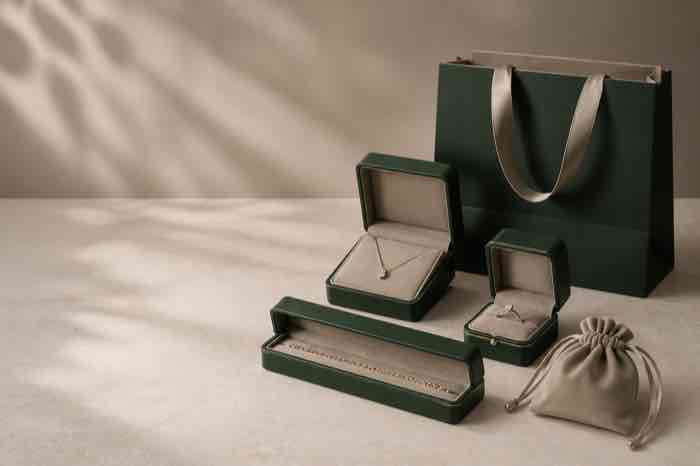 Coordinated forest green jewelry boxes, pouch and shopping bag concept