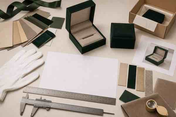 Packaging sample, material swatches, measurement tools and packing reference