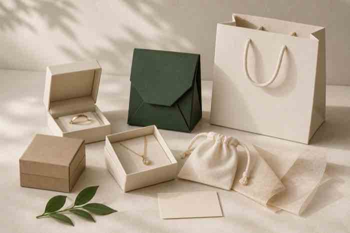 Paper-forward right-sized jewelry boxes, pouch, card and shopping bag