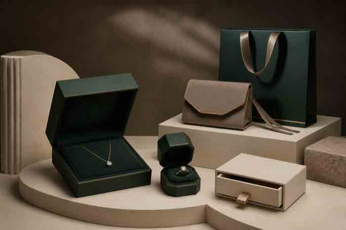 Premium jewelry boxes, pouch and shopping bag in a quiet luxury collection