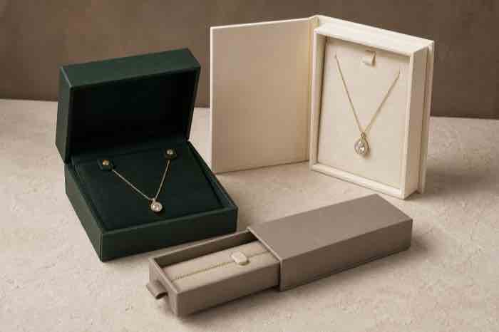 Necklace and pendant boxes with chain control inserts